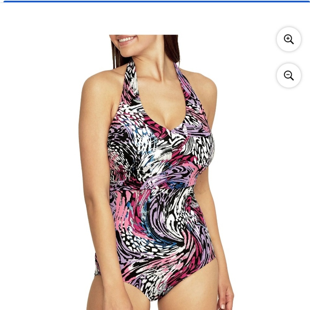 Speedo Pink and Black Festival Fuchsia One Piece Swimsuit Halter Neck Size 8 NWT